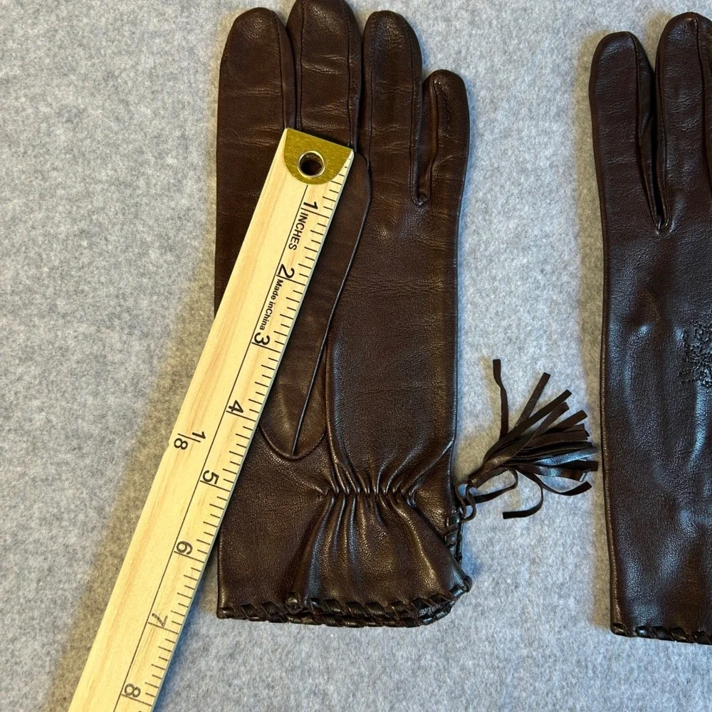 Philip Treacy London Leather Tassel Gloves Brown Silk Lined Embroidered Size 7